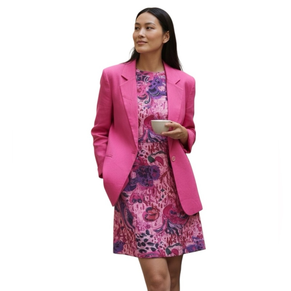 Diane Gilman Vibrant Pink floral sequined dress & Blazer 100% silk set Sz L